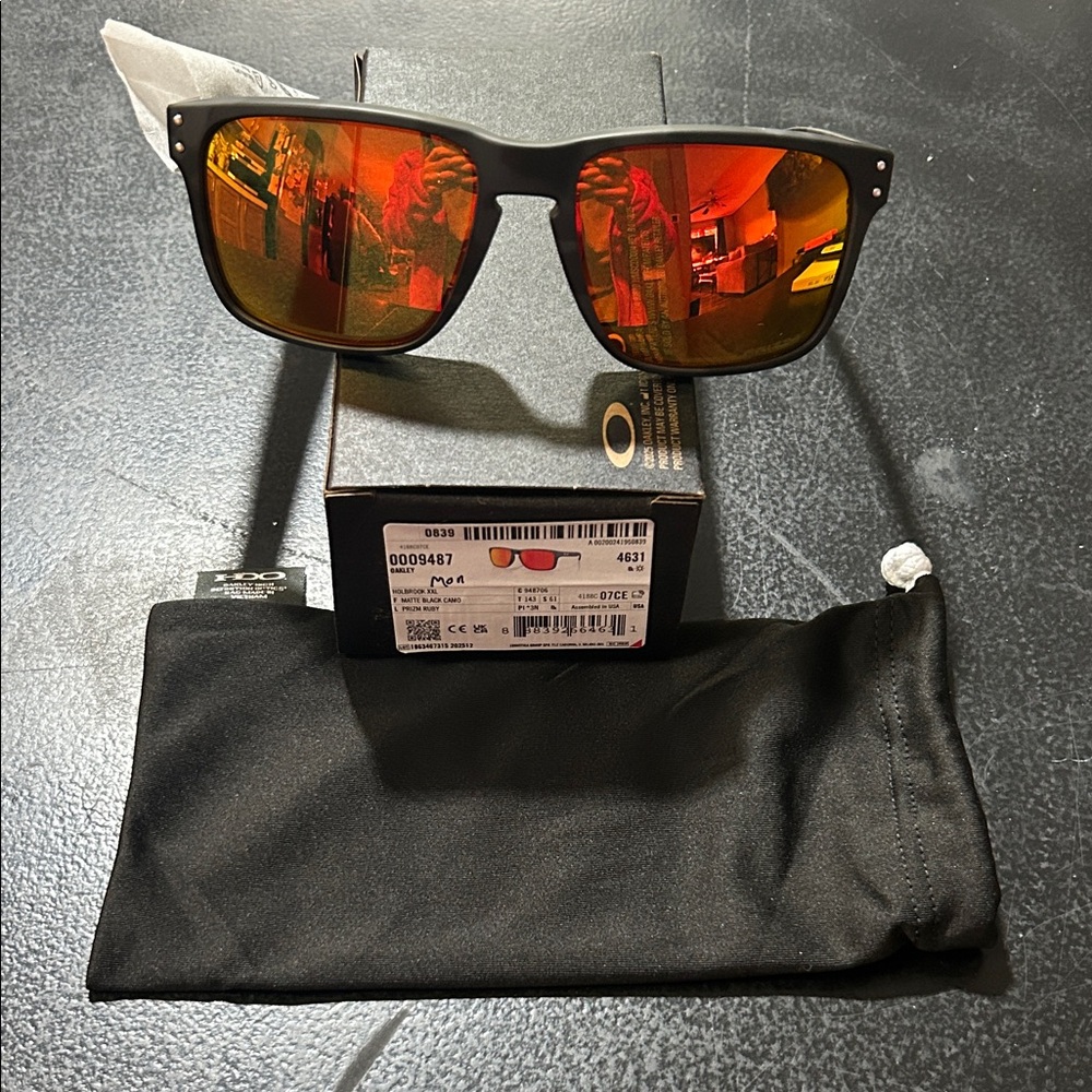 Oakley Black Sunglasses with Red-Orange Mirrored Lenses